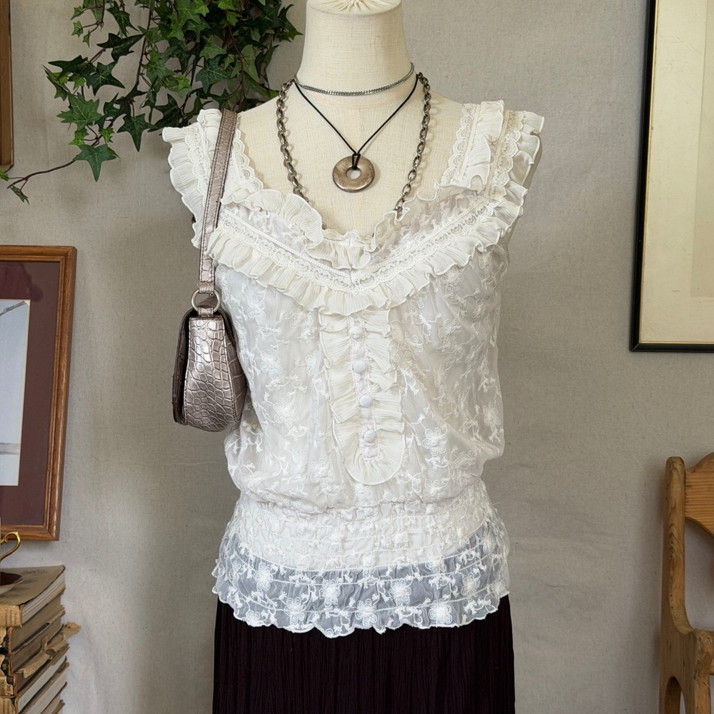Cream Ruffle Lace Sheer Blouse Coquette Fairycore Y2K Large Girly Grunge Smocked